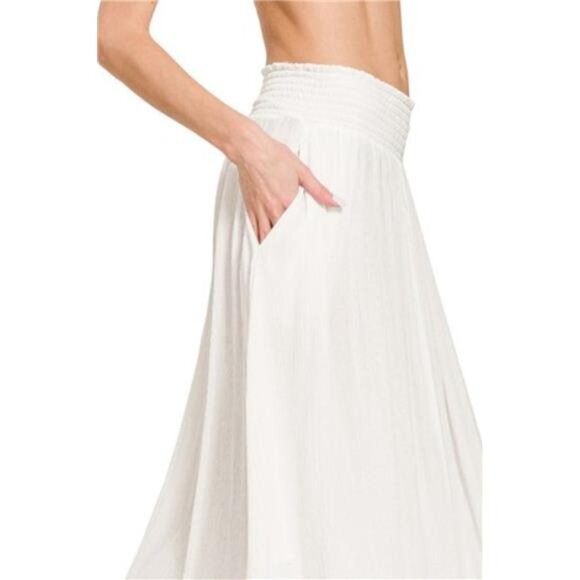 Zenana Woven Crinkle Smocked Waist Maxi Skirt W Pockets - Off White - Picture 3 of 3
